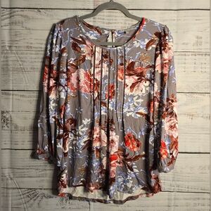 NWT Danielrainn Longsleeve Gray Floral Casual Blouse Womans Size Small